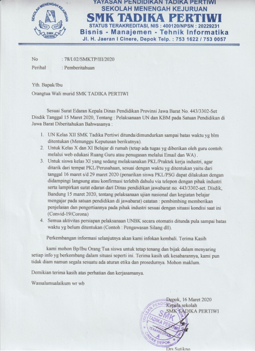 Kepada Bapak/Ibu Orangtua Wali murid SMK Tadika Pertiwi